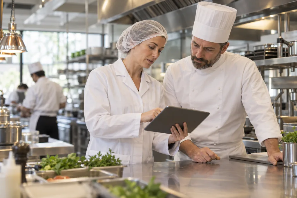 Illustration of a food safety professional and a chef reviewing work together in a professional kitchen